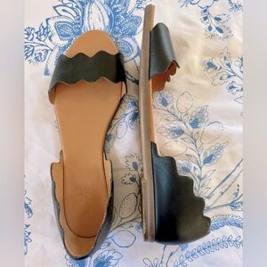 J.Crew women’s Sadie Scalloped d’Orsay Sandal, black leather with back, size 10